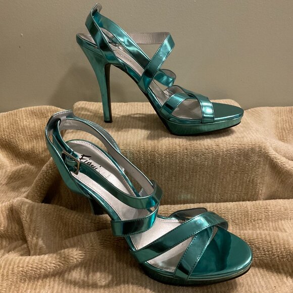 Fioni NIGHT Platform Sandal Heels - Metallic Turquoise Blue - Size 9 - Picture 2 of 8